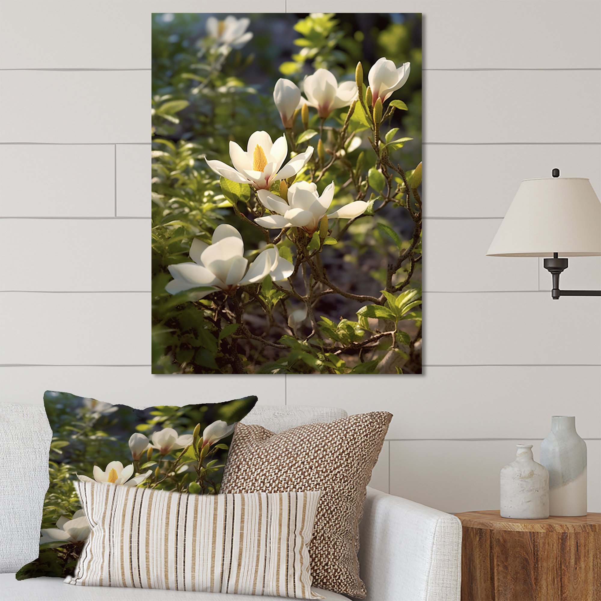 Ebern Designs White Green Magnolias Nature Serenity - Floral Metal Wall
